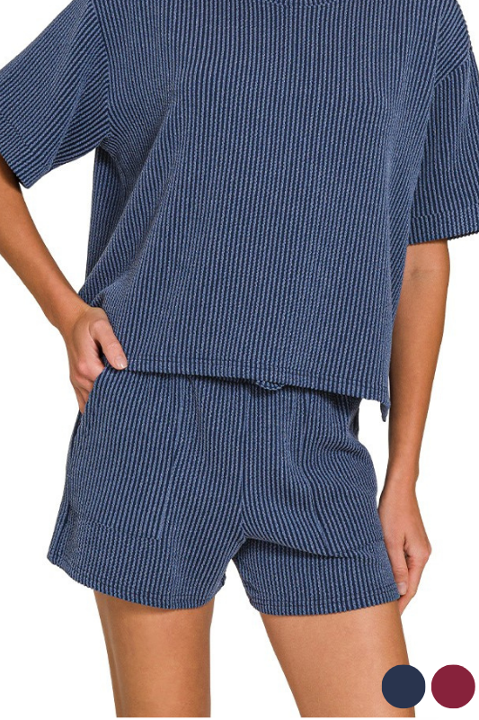 blue ribbed shorts set