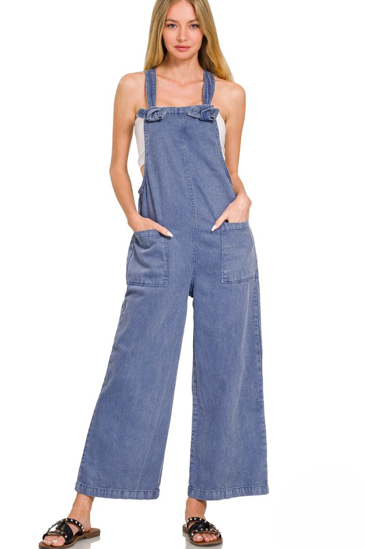 zenana blue wide leg denim overalls