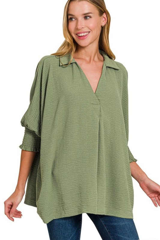 zenana green quarter length sleeve oversized top