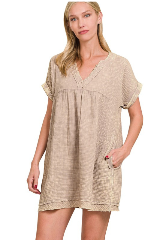 zenana ash mocha short sleeve gauze dress