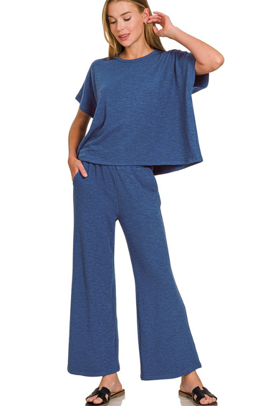 dark blue short sleeve boxy lounge set