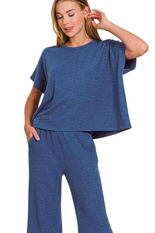 zenana dark blue short sleeve boxy lounge top