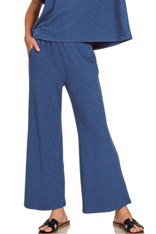 zenana dark blue pocket elastic waist lounge pants set