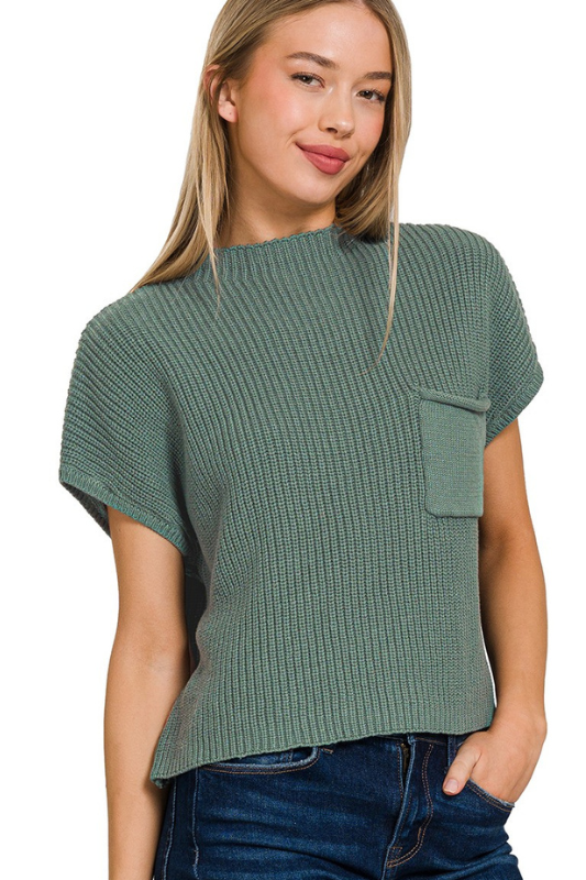 zenana jade green knit short sleeve pocket top