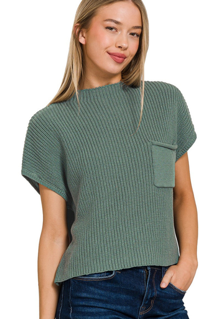 zenana jade green knit short sleeve pocket top