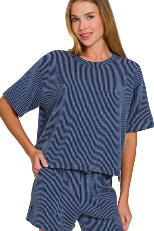 zenana navy blue ribbed short sleeve shorts two piece set