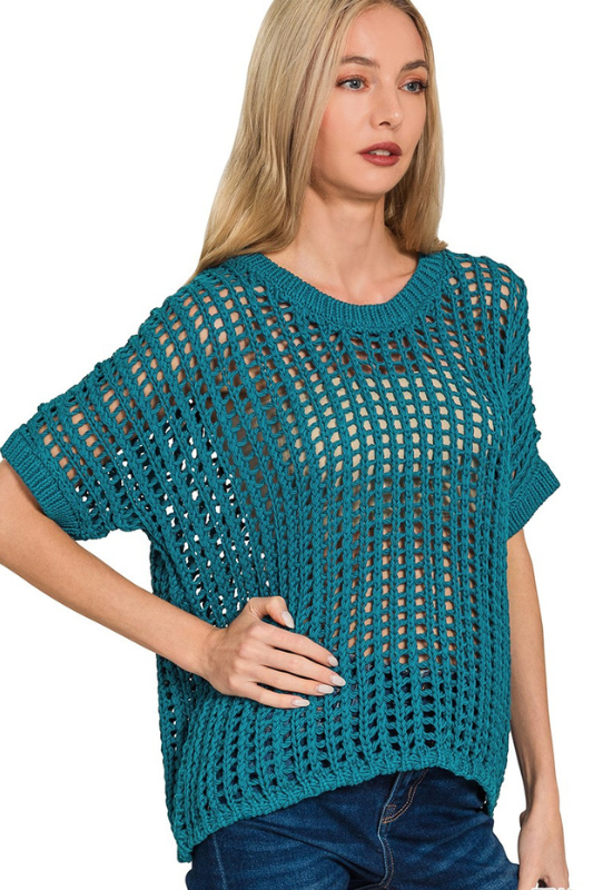 teal short sleeve crochet top
