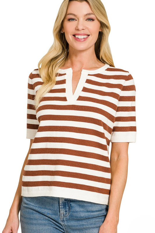 rust short sleeve striped top