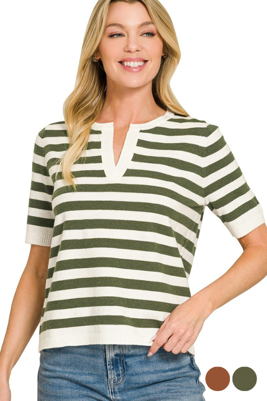 zenana stripd short sleeve v neck top