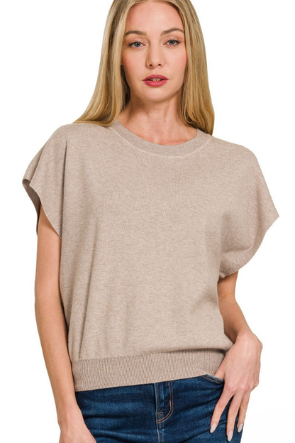 zenana heathered mocha short sleeve knit top