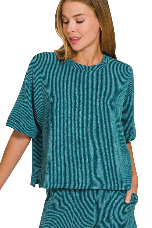 zenana teal ribbed shorts top set
