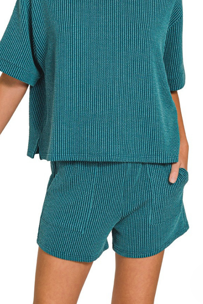teal ribbed set shorts
