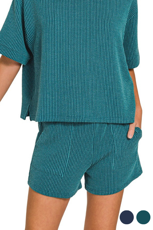 zenana teal ribbed drawstring shorts