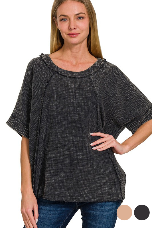 zenana black gauze short sleeve flowy top