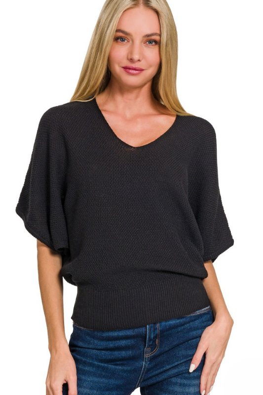 zenana black knit short dolman sleeve top