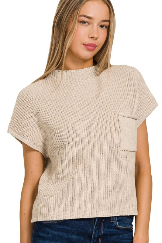 zenana beige short sleeve knit pocket top