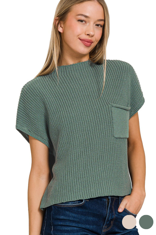short sleeve knit cropped pocket top