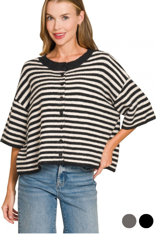 zenana black striped short sleeve button top