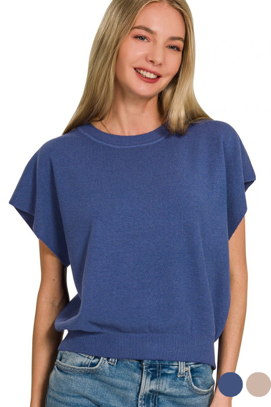 blue short sleeve knit top
