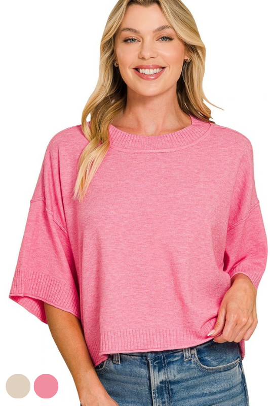pink short sleeve knit top