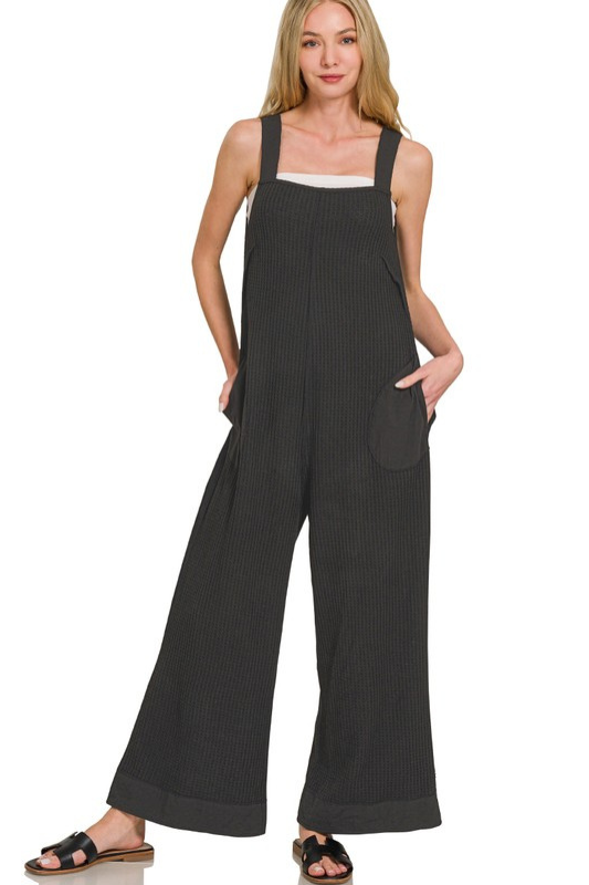 zenana black waffle sleeveless wide leg jumpsuit
