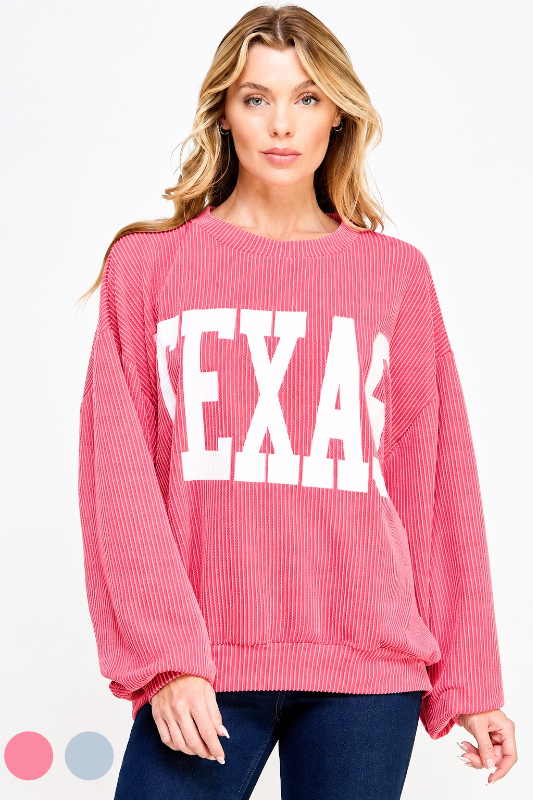 pink ribbed long sleeve texas sweatshirt