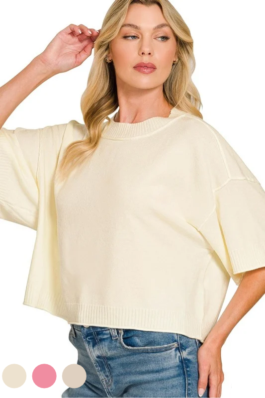 cream soft short sleeve knit top