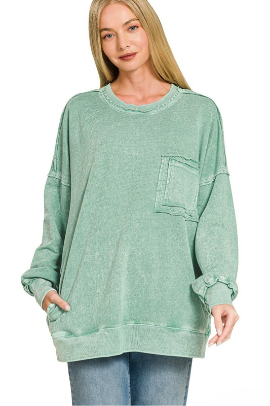 zenana light green mineral wash long sleeve pocket top