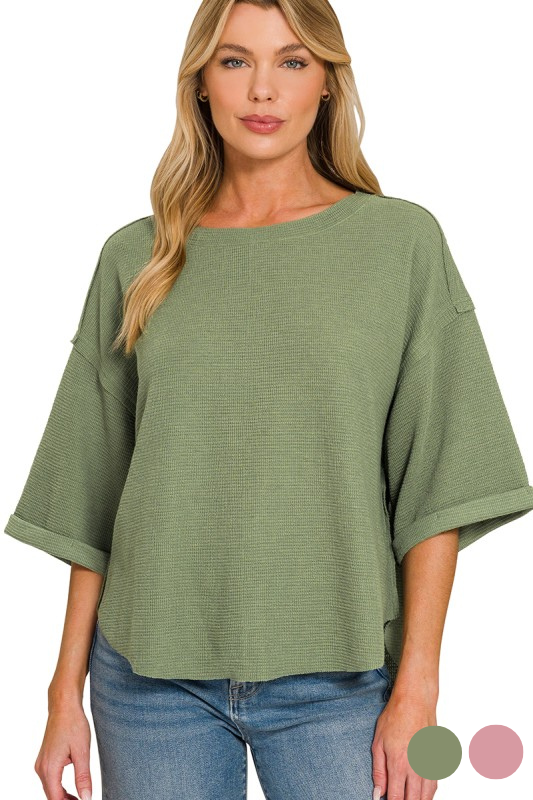 Waffle Knit Wide Sleeve Top