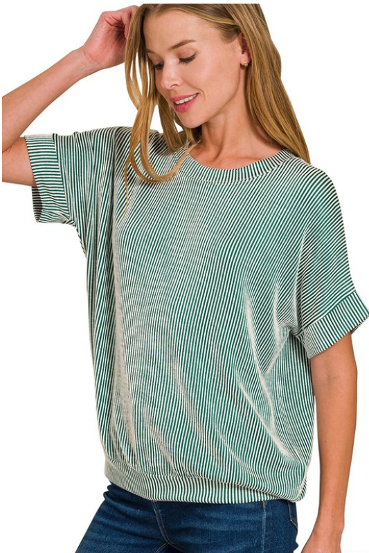 zenana green ribbed short sleeve top