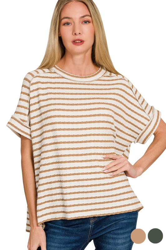 Cream Striped Short Sleeve Top