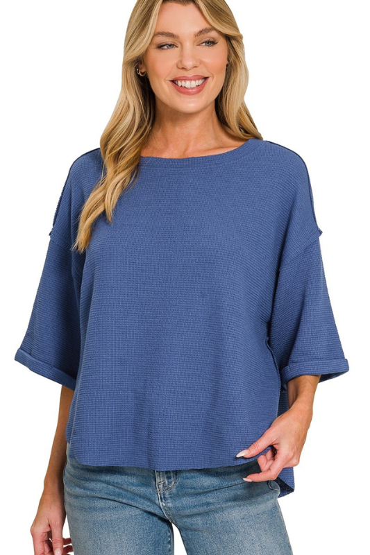 zenana blue waffle knit short sleeve top