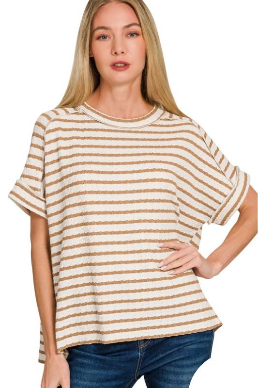 brown and cream striped oversized top