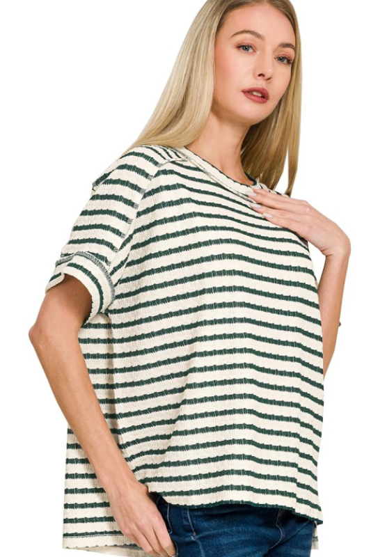 Cream and Green Striped Short Sleeve Top