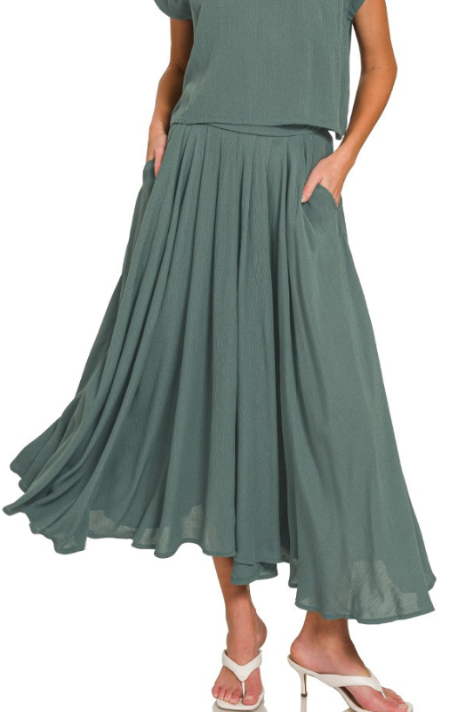 zenana jade green pocket maxi skirt set
