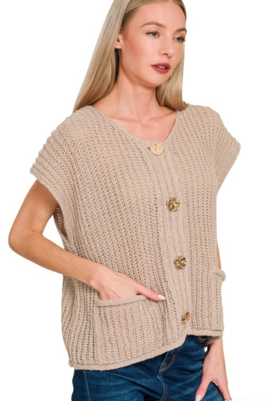 zenana mocha knit button short sleeve top