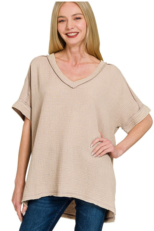 zenana ash mocha v neck short sleeve gauze top