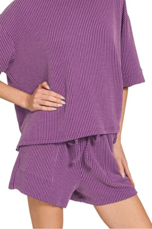 Plum Ribbed Elastic Waist Shorts