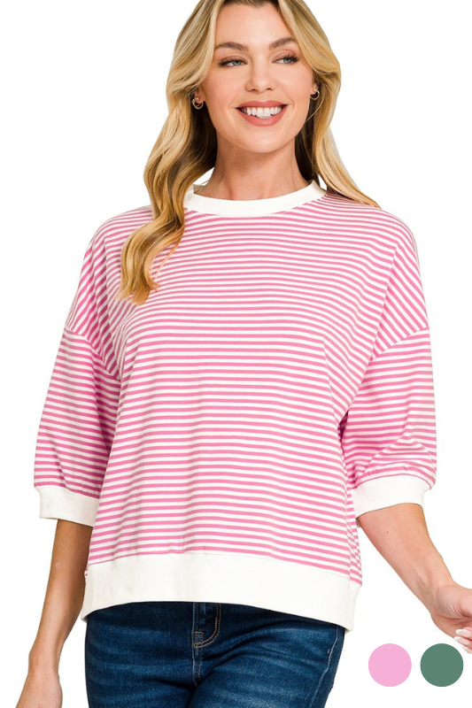 pink striped quarter length sleeve top