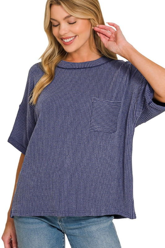 zenana navy ribbed pocket top
