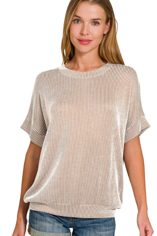 tan ribbed short sleeve top