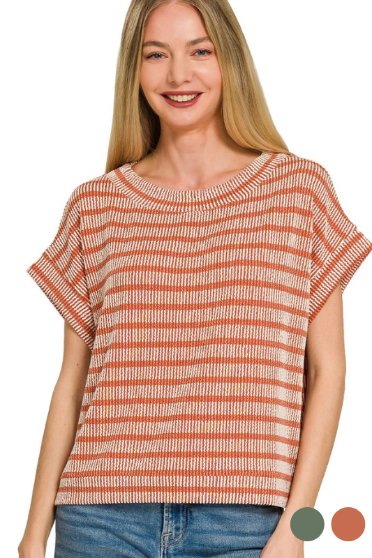 zenana rust striped short sleeve cuff top