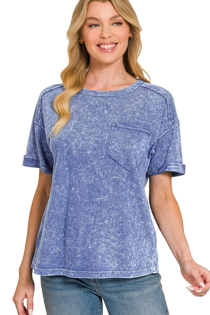 zenana blue mineral wash cuffed pocket top