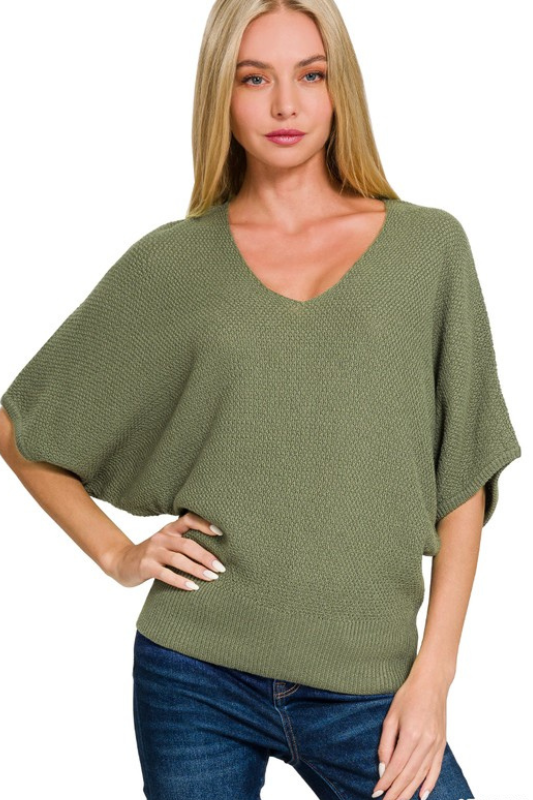 Green V Neck Knit Short Sleeve Top