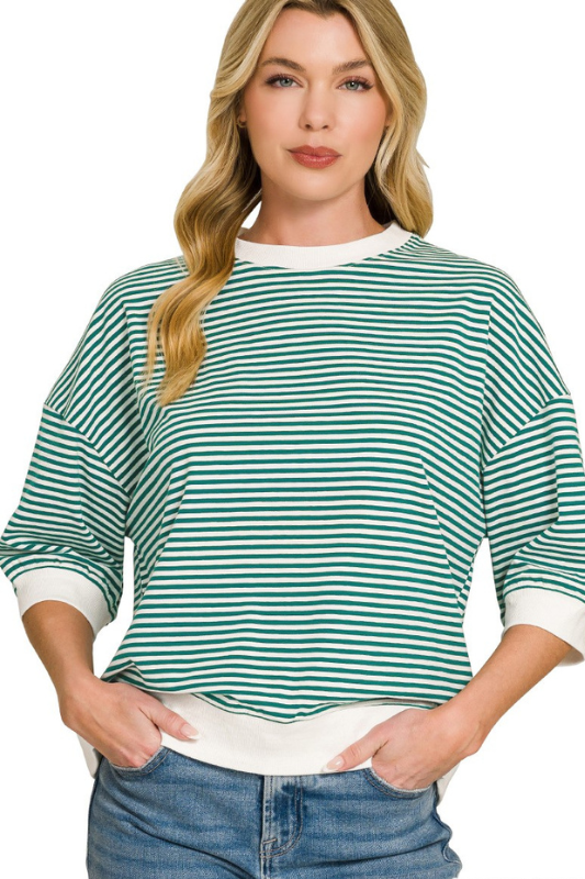 green striped quarter length sleeve top
