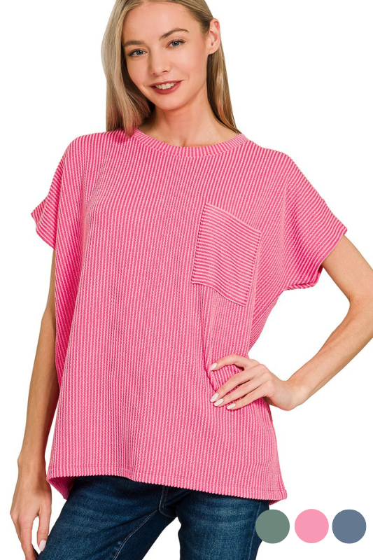 pink ribbed pocket short sleeve top