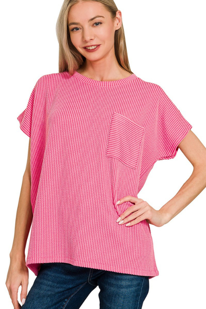 zenana pink short sleeve ribbed top