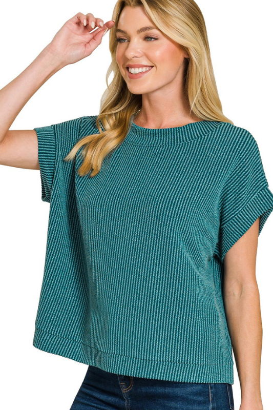 Teal Ribbed Short Sleeve Top