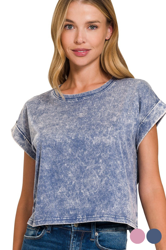 zenana blue mineral wash short sleeve crop tee