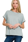 zenana blue grey soft short sleeve cuffed top